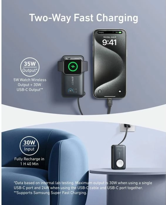 Powerbank Anker MagGo A1657H11 10000 mAh 35W me kabllo USB-C të integrume dhe karikim pa kabllo për Apple Watch, gri e errët