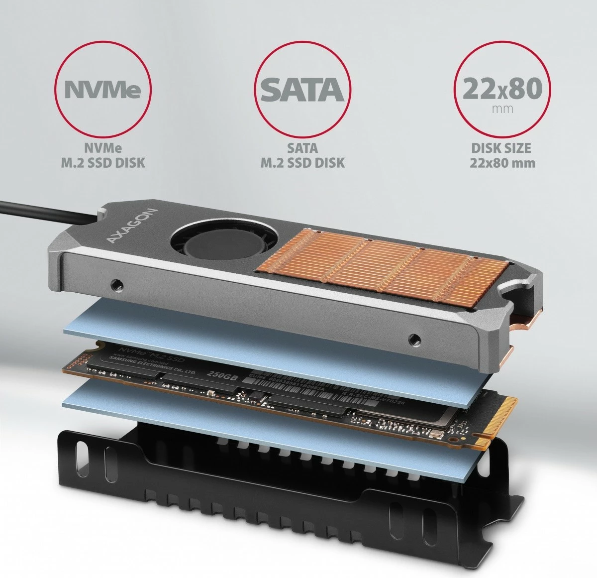 Ftohës aktiv për SSD M.2 AXAGON CLR-M2FAN me ventilator, bakër, 76x24x12mm