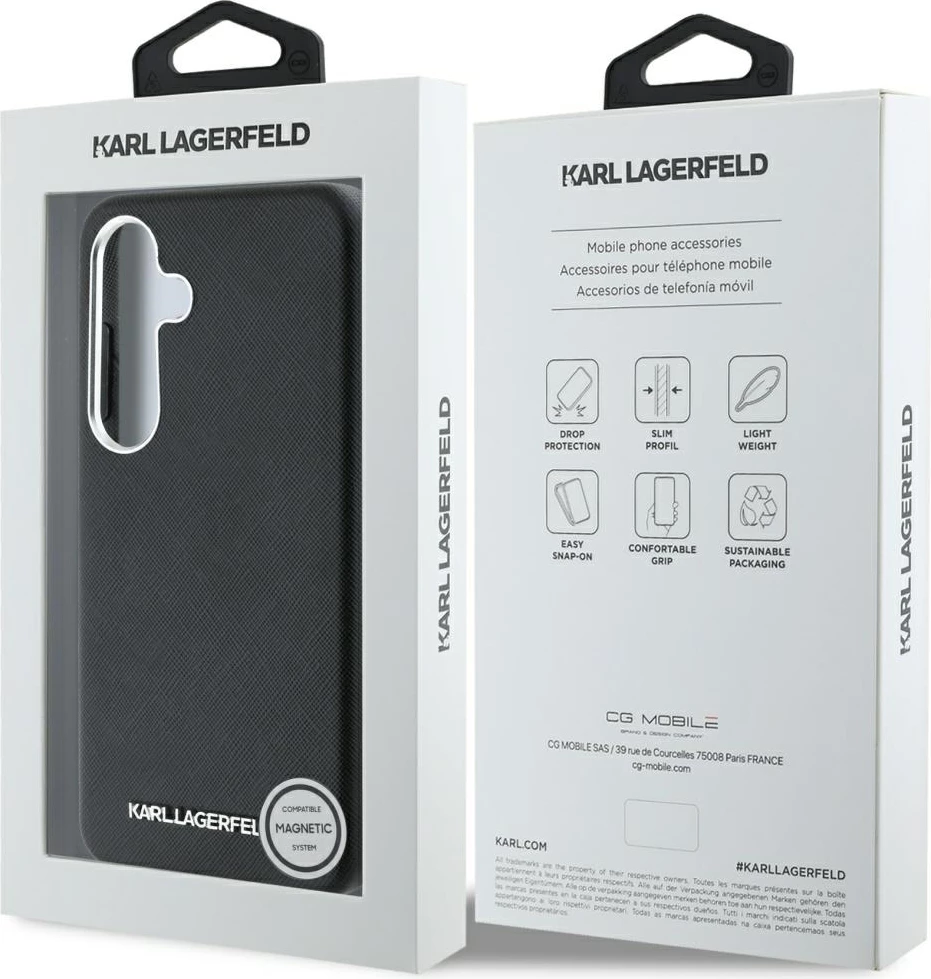 Mbështjellës Karl Lagerfeld Saffiano Full Wrapped Elongated Metal Logo MagSafe për Samsung Galaxy S25, Zi