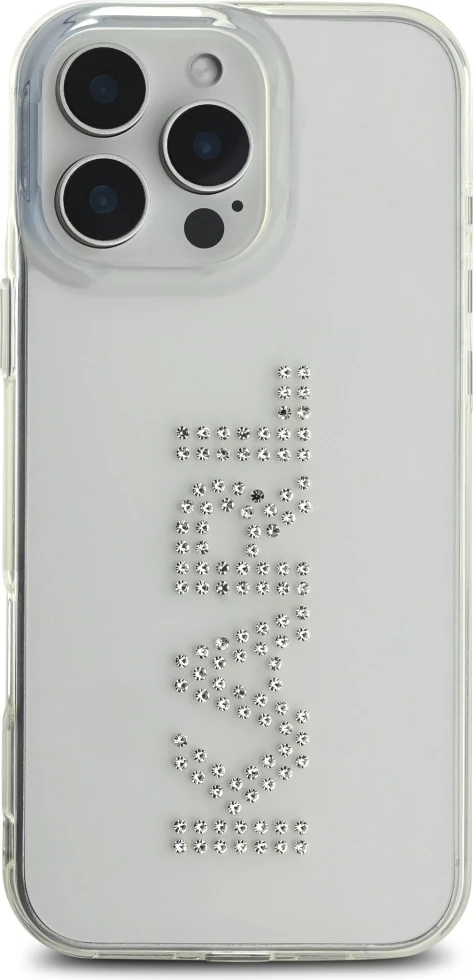 Mbështjellës Karl Lagerfeld IML Rhinestones Logo për iPhone 16 Pro, Transparent