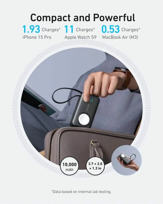 Powerbank Anker MagGo A1657H11 10000 mAh 35W me kabllo USB-C të integrume dhe karikim pa kabllo për Apple Watch, gri e errët