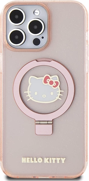 Mbështjellës Hello Kitty Ring Stand Glitter Electrop Logo MagSafe për iPhone 15 Pro Max, Rozë