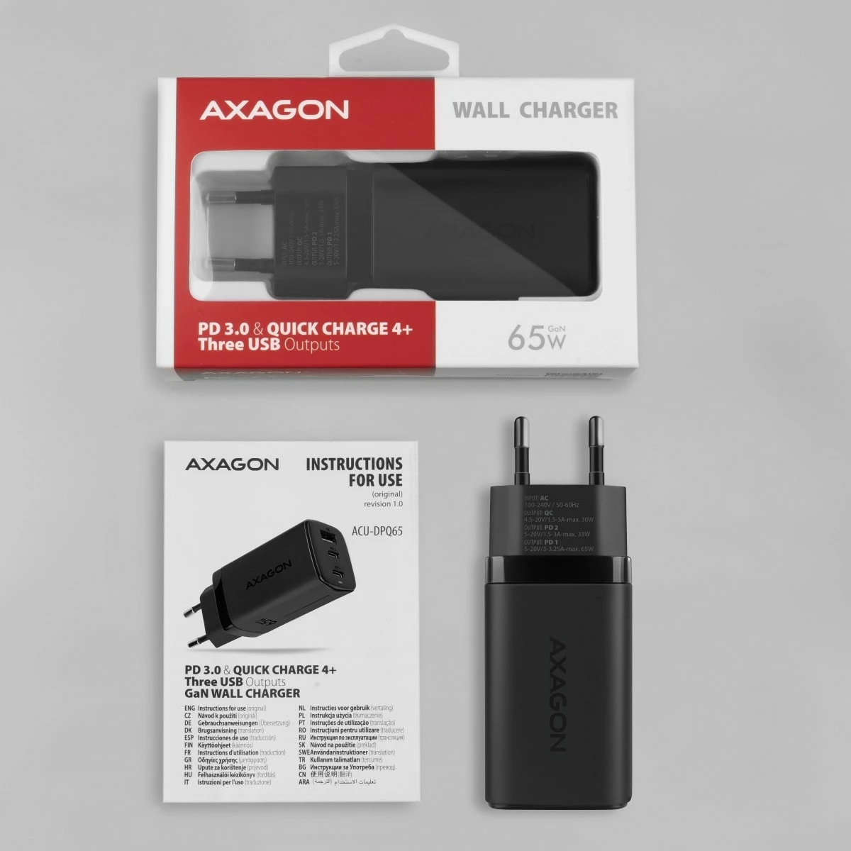 Adapter karikues AXAGON ACU-DPQ65, GaN 65W, 3 porta (USB-A + 2x USB-C), i zi
