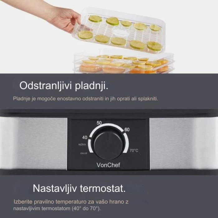 Dehidratues ushqimi VonShef 2013381 DEHYDRA 5-katësh 250W 40–70°C, argjendtë/zi