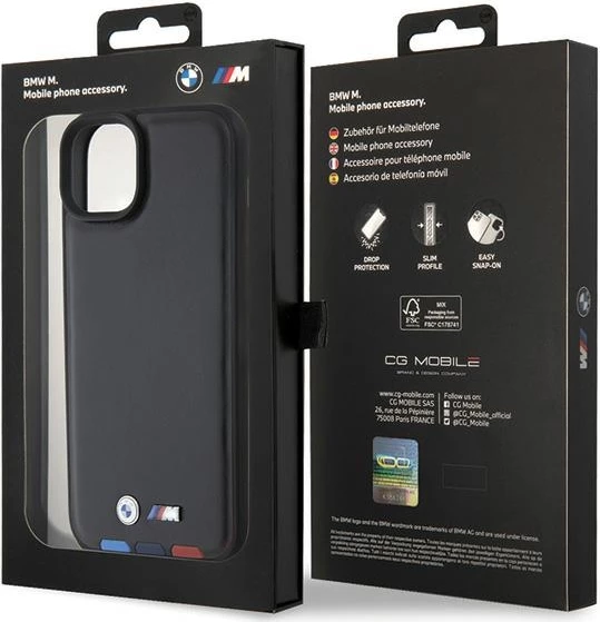 Mbështjellës BMW BMHCP15M22PTDK për iPhone 15 Plus 6.7", Leather Stamp Tricolor, zi