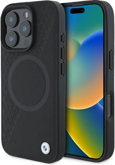 Mbështjellës BMW Signature Leather Half Textured & Circle MagSafe për iPhone 16 Pro, i zi