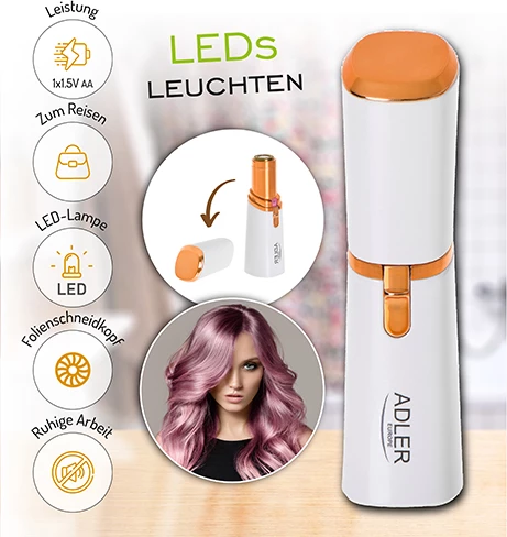 Makinë rroje trimmer për fytyrë, Adler, AD 2939, kokë me sitë, dritë LED, 1xAA, perlë-ari