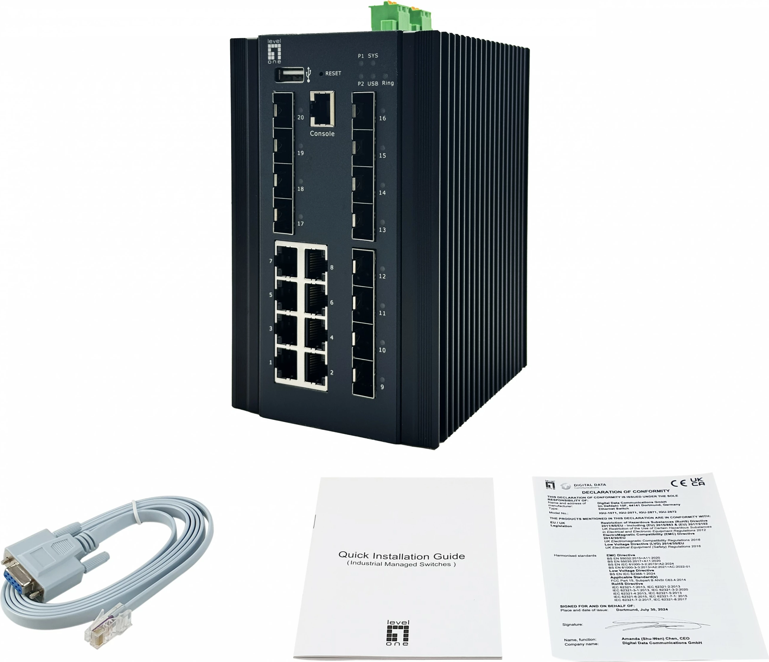 Switch industrial LevelOne IGU-2072, 20 porta, L2 Plus, 8x RJ45, 8x SFP, 4x SFP 2.5GbE, DIN-Rail, i zi