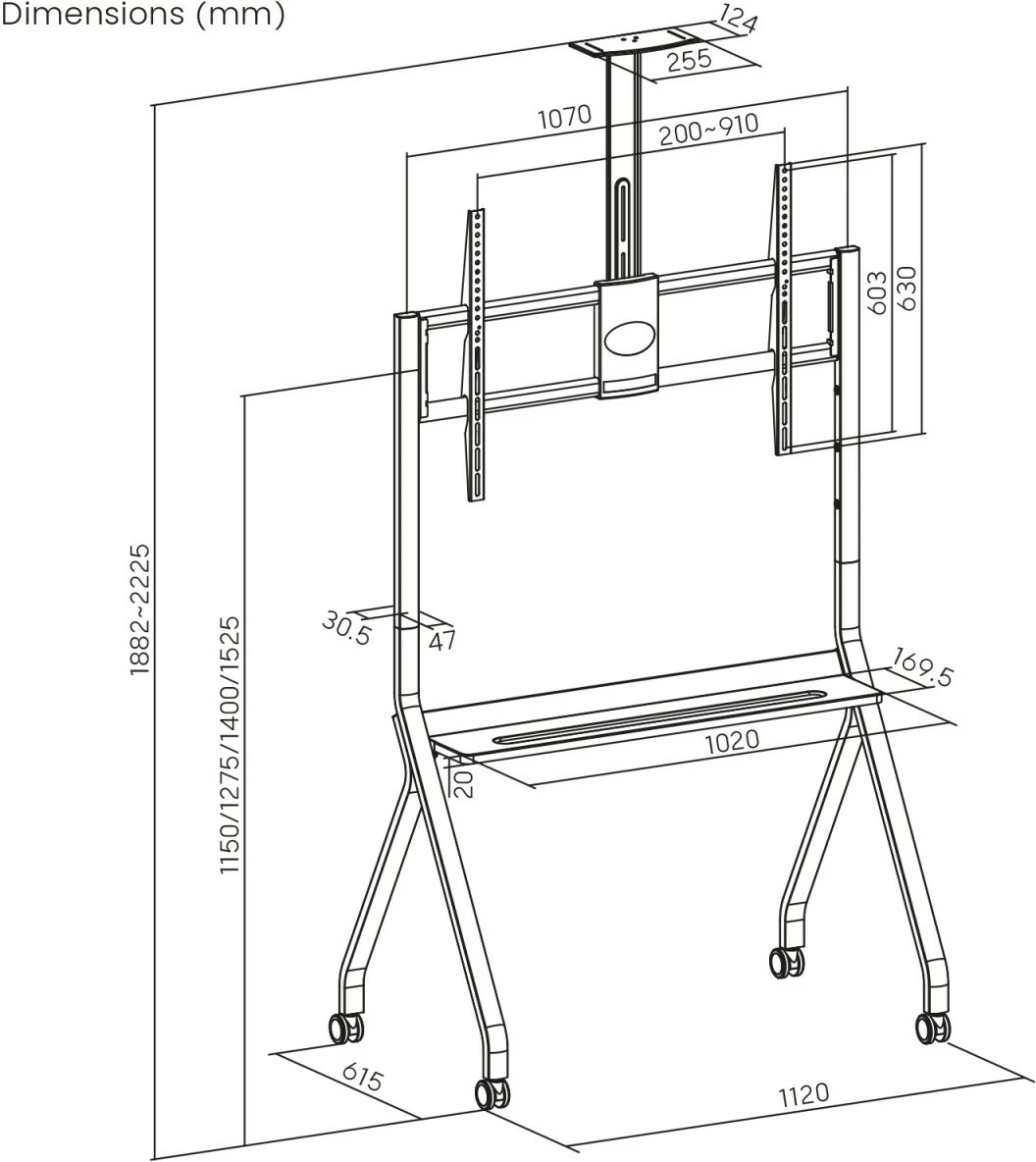 stendë TV me rrota, Maclean MC-114 W, 55–100", 120 kg, VESA deri 900×600, e bardhë