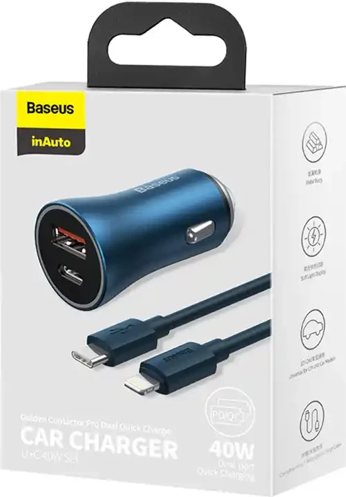 Karikues veture Baseus Golden Contactor Pro, 40W, USB + USB-C, me kabllo USB-C në Lightning 1m, Blu
