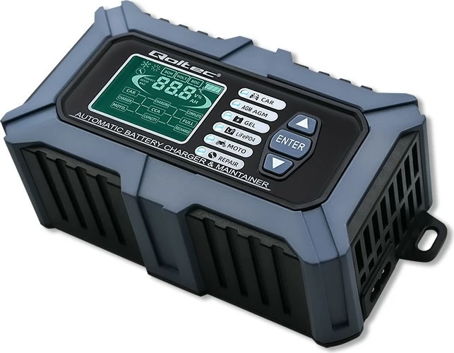 Karikues inteligjent baterie Qoltec 52488, 12V, 6A, me LCD, funksion testimi dhe riparimi, zi/blu