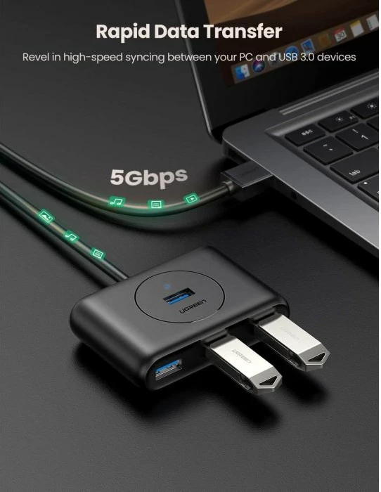 USB hub UGREEN 20291, 4 porte USB 3.0, kabllo 1 m, e zezë, në kuti