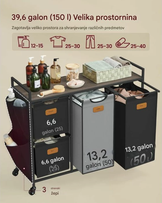 Shportë rrobash VASAGLE BLH203B01 150L me 4 ndarje (2x25L + 2x50L), karrocë me rrota dhe rafte, 98.6×33×80.5 cm, kafe gështenjë/zi/gri