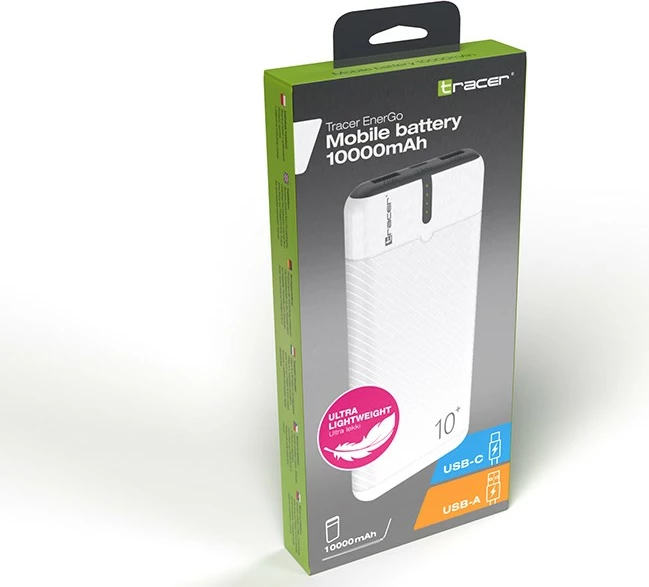 Power bank Tracer EnerGo 10000mAh 5V/2A 2x USB-A + USB-C 37Wh bardhë-zi kabllo USB-C në set