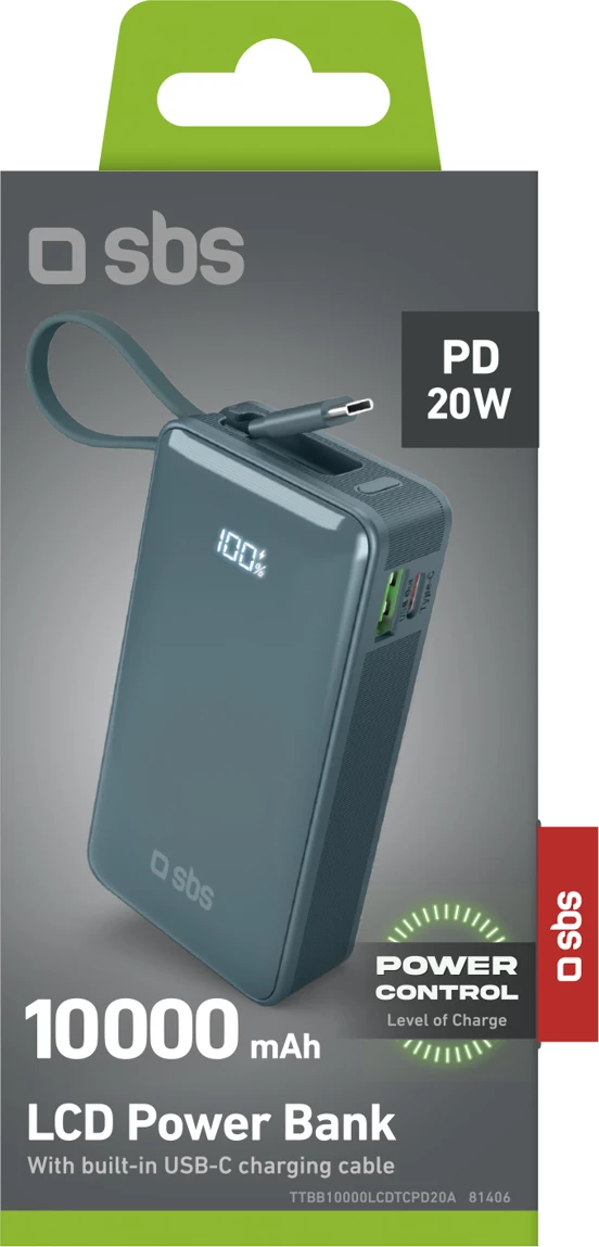 Powerbank SBS 10000 mAh 20W me kabllo USB-C të integruar dhe ekran LCD, Gri