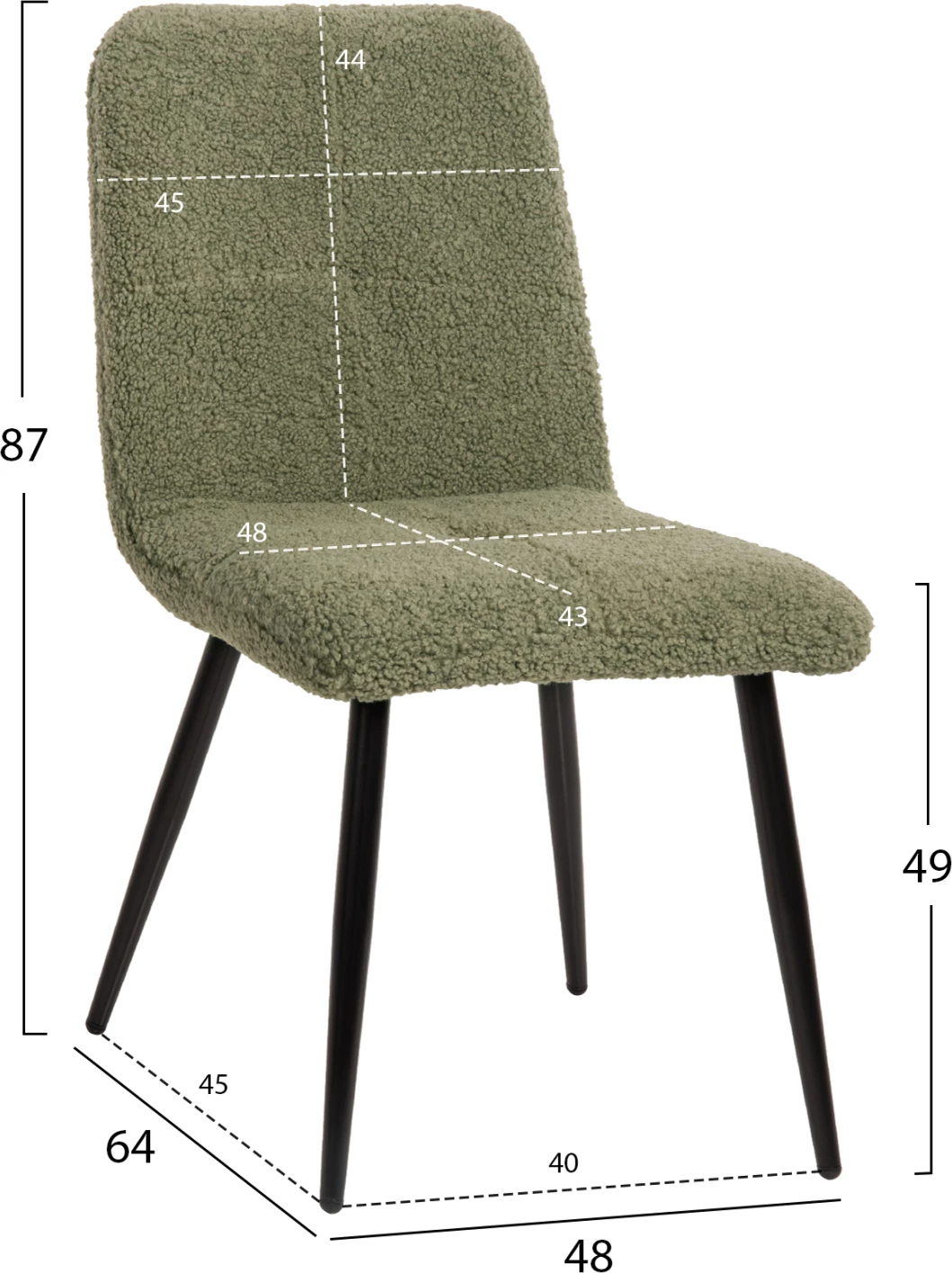 Karrige SHELLY FH8590.03, pëlhurë TEDDY, ngjyrë fistik e gjelbër-këmbë metalike të zeza, 48x64x87H cm., set prej 2 copë