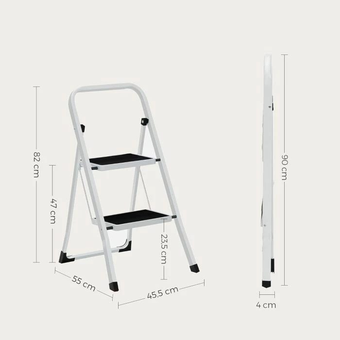 Shkallë palosëse me 2 shkallë SONGMICS GSL12WT, kapacitet 150 kg, çelik, TÜV EN14183, bardhë/zezë