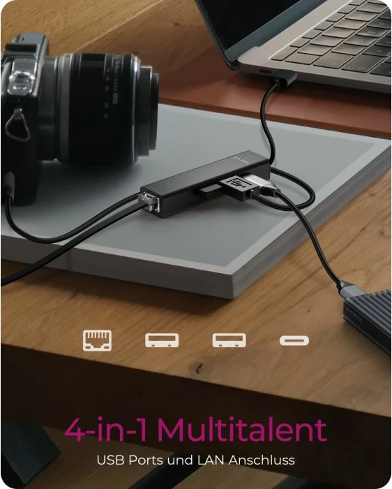 Hub USB ICYBOX IB-HUB1439-LAN 4-port, USB 3.2 Gen 1, Gigabit Ethernet RJ-45, lidhje host USB-A/USB-C, me adapter USB-A në USB-C, i zi