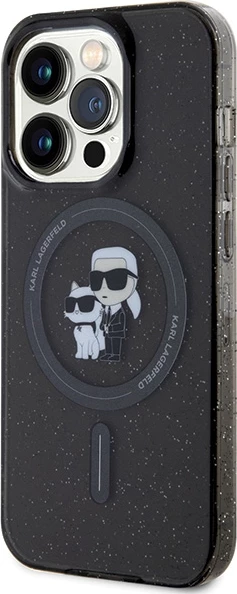 Mbështjellës Karl Lagerfeld Karl&Choupette Glitter MagSafe për iPhone 15 Pro, zi
