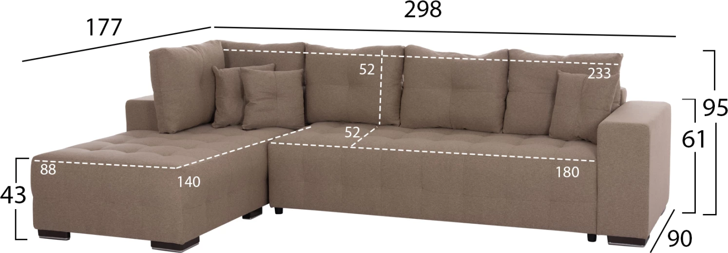 Kënd-sofë me shtrat dhe hapësirë për depo, ngjyrë bezhë, TRENDSTON FH3302.03L, 298x177x95cm