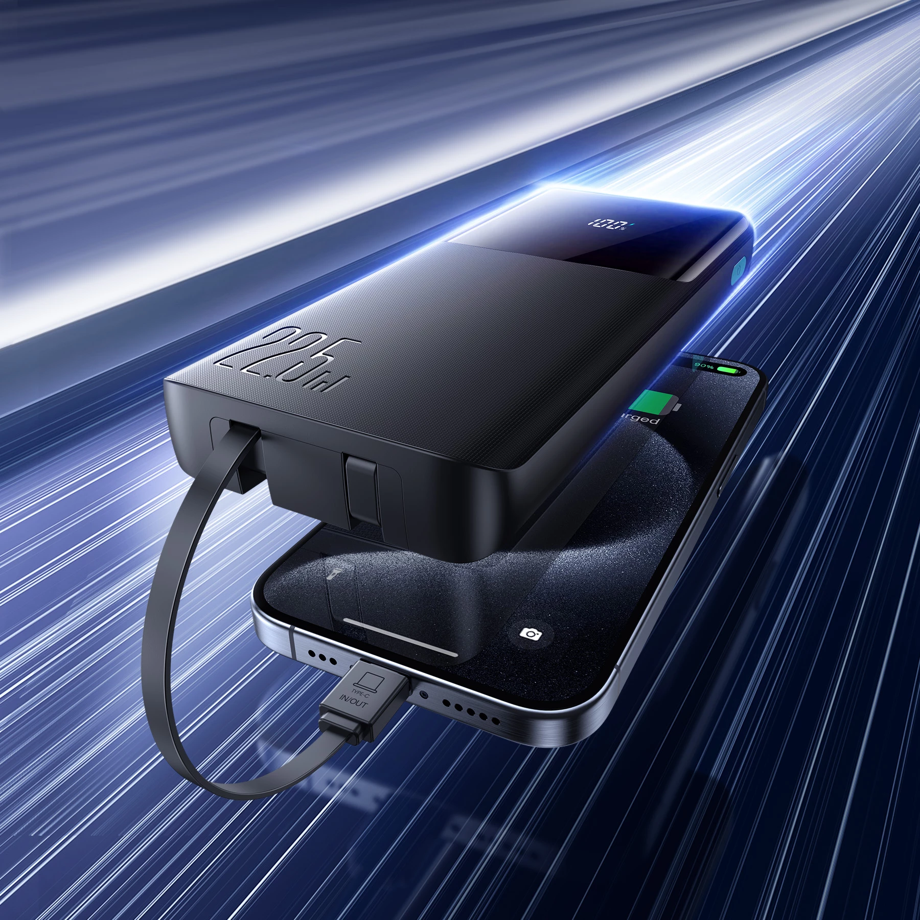 Powerbank Joyroom JR-PBF19 10000mAh 22.5W me dy kabllo të integruara USB-C dhe Lightning, e zezë