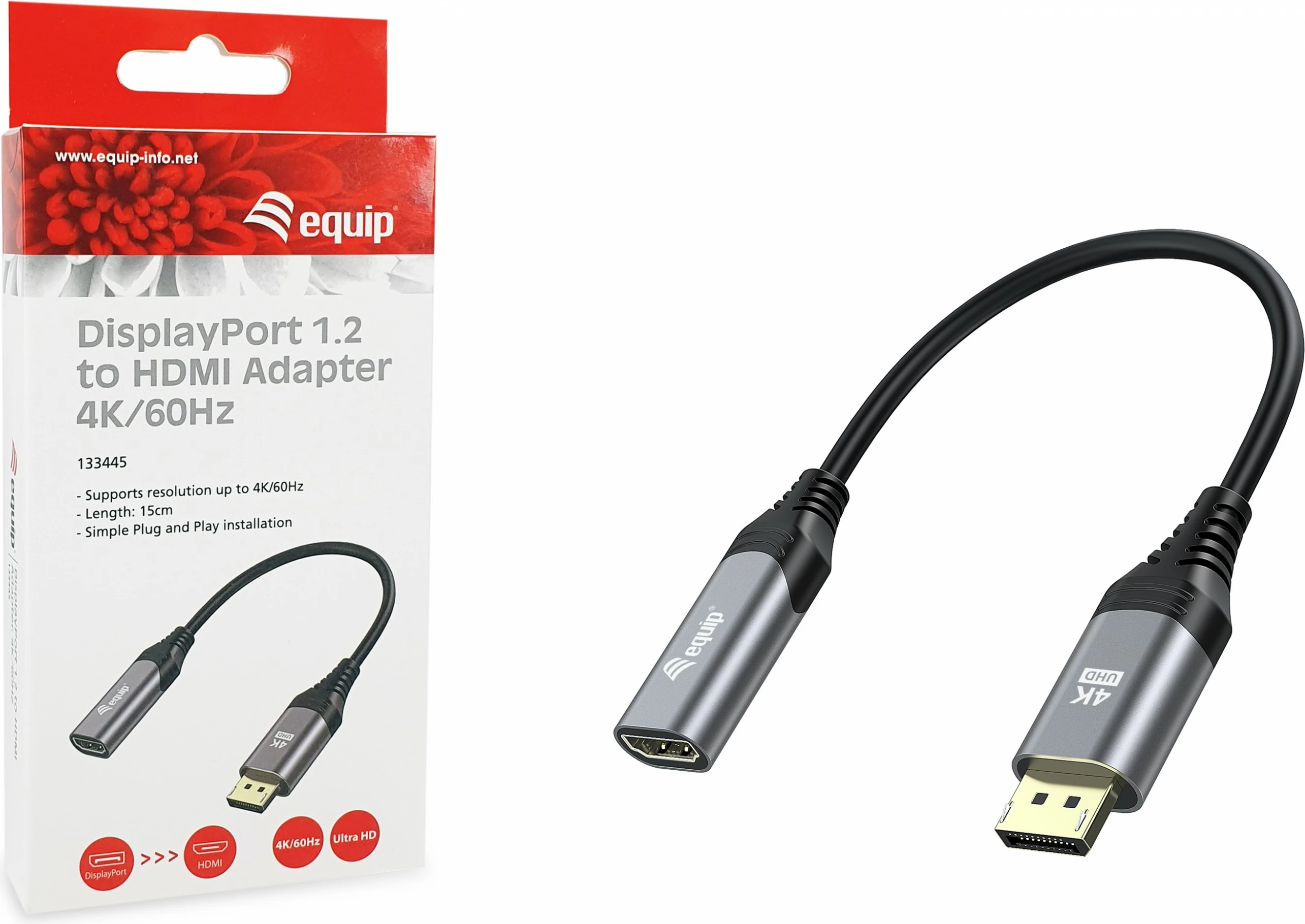 Adapter DisplayPort 1.2 në HDMI Equip, 4K/60Hz, 0.15 m, i zi, gri