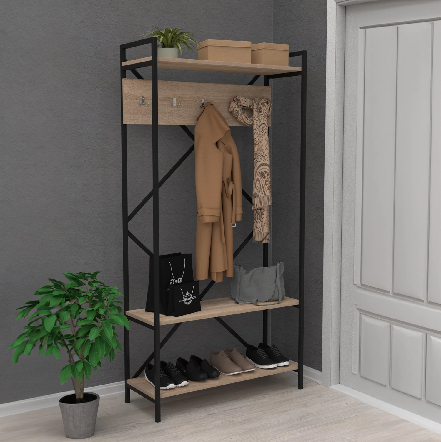 Mobilje hyrëse NAVIS FH18188 melaminë, kornizë metalike e zezë, 90x34x180H cm