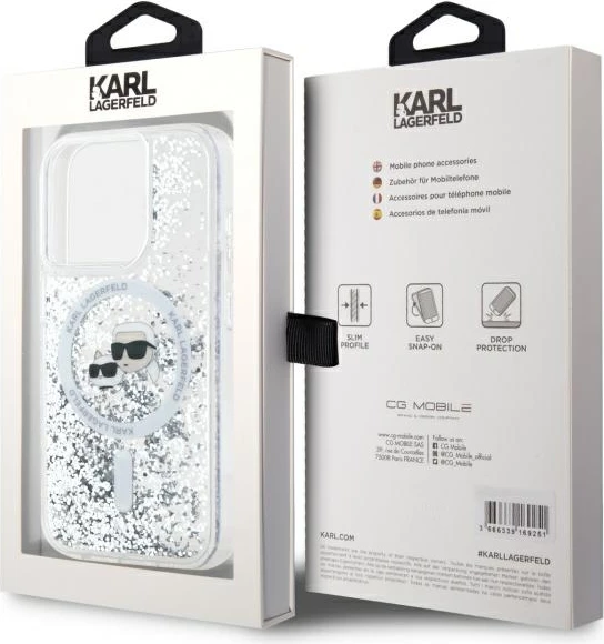 Mbështjellës Karl Lagerfeld Liquid Glitter Karl & Choupette Head MagSafe për iPhone 15 Pro Max, Transparent