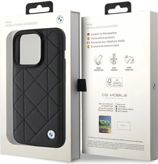Mbështjellës BMW Leather Quilted për iPhone 15 Pro Max, i zi