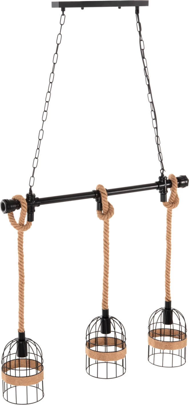 Llambë varëse tavani 3-dritash FH4180 metal i zi-litar kërpi natyral 80x14,5x137Hcm