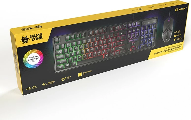 Set tastierë dhe Maus gaming, Tracer Boost TRAKLA47475, mekanike, me kabllo USB, ndriçim LED RGB, QWERTY English (US), maus 800–1600 DPI 6 butona, e zezë, set