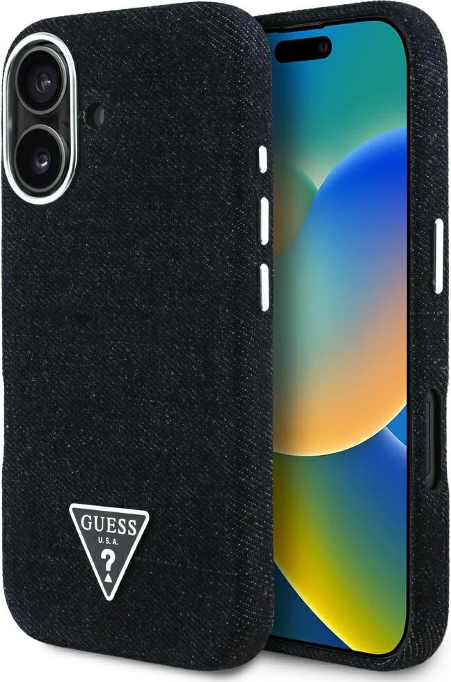 Mbështjellës Guess Denim Triangle Logo MagSafe për iPhone 16, i zi