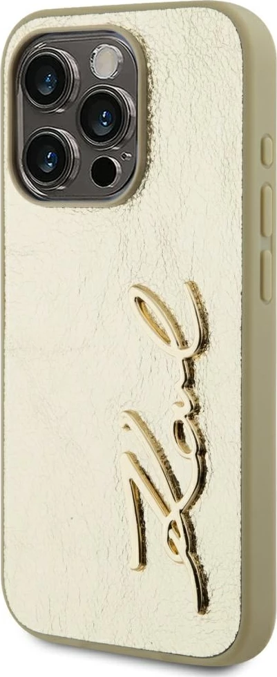 Mbështjellës Karl Lagerfeld Wrinkled Metal Signature për iPhone 15 Pro, Gold