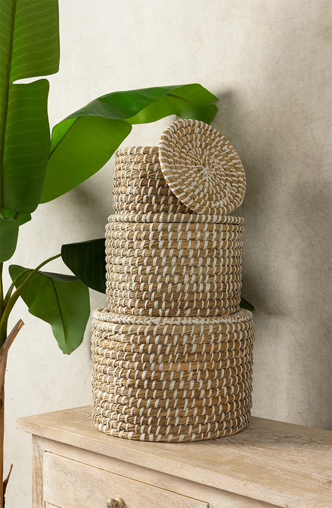 Set 3 kuti NILE me kapak, kansgrass natyral-bardhë, 35x35x25cm