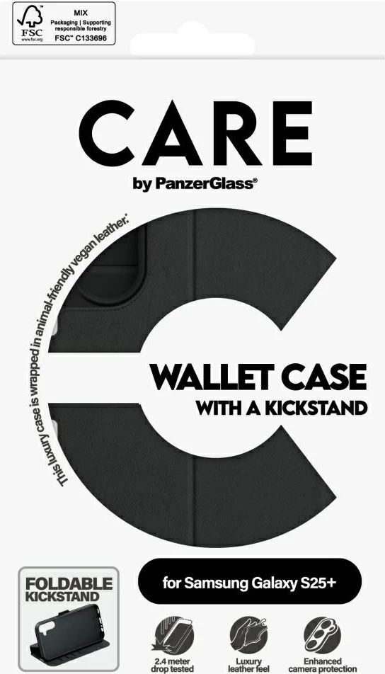 Mbështjellës PanzerGlass CARE me portofol dhe kickstand për Samsung Galaxy S25+, i zi