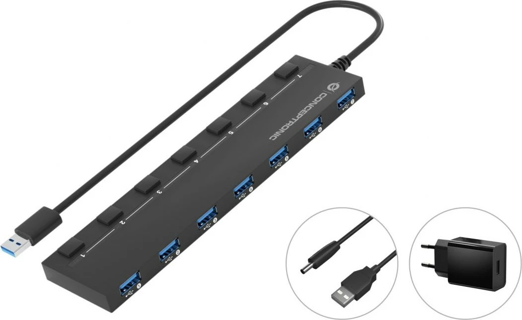 USB hub Conceptronic 7 porta USB 3.0/3.2 Gen1, me furnizim rryme, i zi