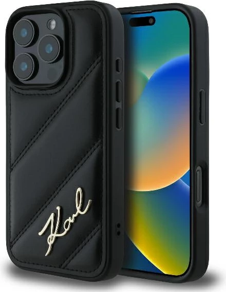 Mbështjellës Karl Lagerfeld Quilted Signature për iPhone 16 Pro, i zi