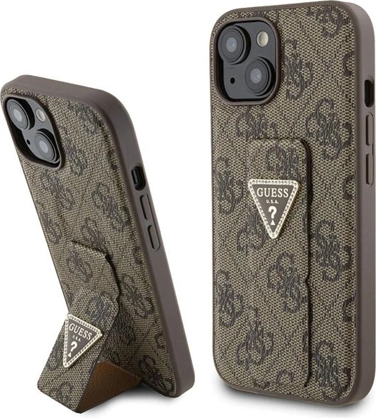 Mbështjellës Guess Grip Stand 4G Triangle Strass për iPhone 15, Kafe