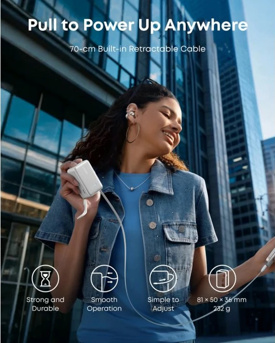 Power bank Anker Nano A1638H21 10000 mAh 45 W me kabllo USB-C t'integrume (tërheqëse), me ekran, i bardhë