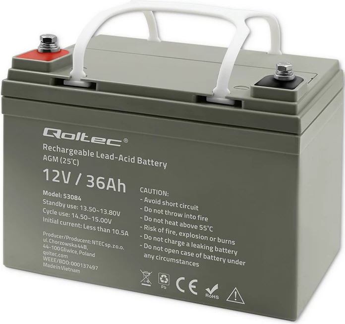 Bateri AGM Qoltec 53084, 12V, 36Ah, Gri