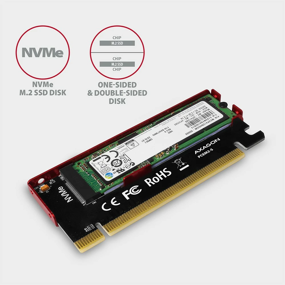 Kasë adapter AXAGON PCEM2-S për NVMe M.2 SSD, PCIe x16, me mbulesë alumini, e kuqe