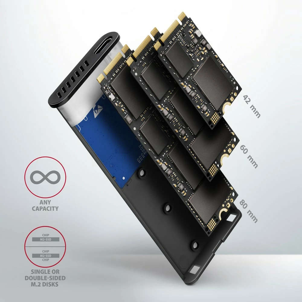 Kasë e jashtme AXAGON EEM2-SB2 për SSD M.2 NVMe/SATA, USB-C 3.2 Gen 2, Alumini, e zezë