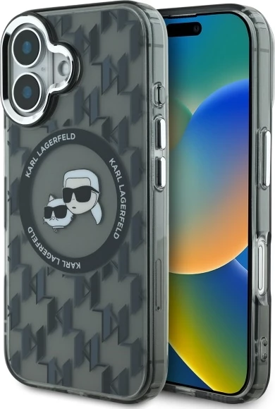 Mbështjellës Karl Lagerfeld IML Monogram Karl & Choupette Head MagSafe për iPhone 16, Zi