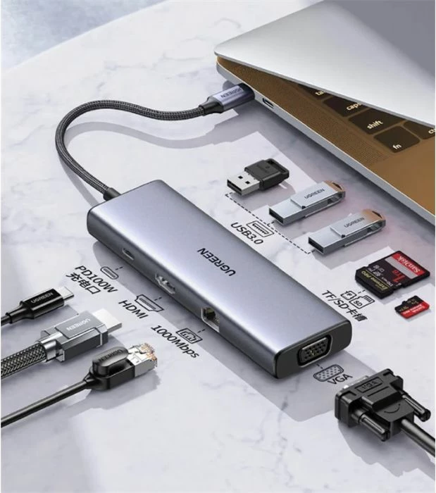 Docking station USB-C UGREEN 15600 9-në-1, 4K@30Hz, PD 100W, HDMI+VGA, 3x USB 3.0, LAN 1Gbps, Lexues SD/TF, gri