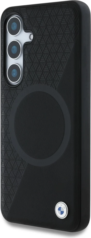 Mbështjellës BMW Leather Half Textured MagSafe për Samsung Galaxy S25, i zi