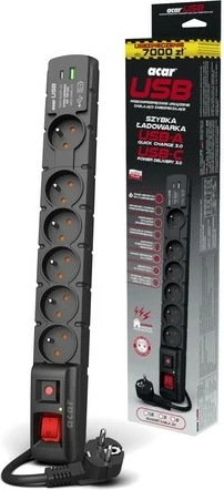 Kasë Acar S6 USB A+C, 6x prizë, 1.5m, 18W, e zezë