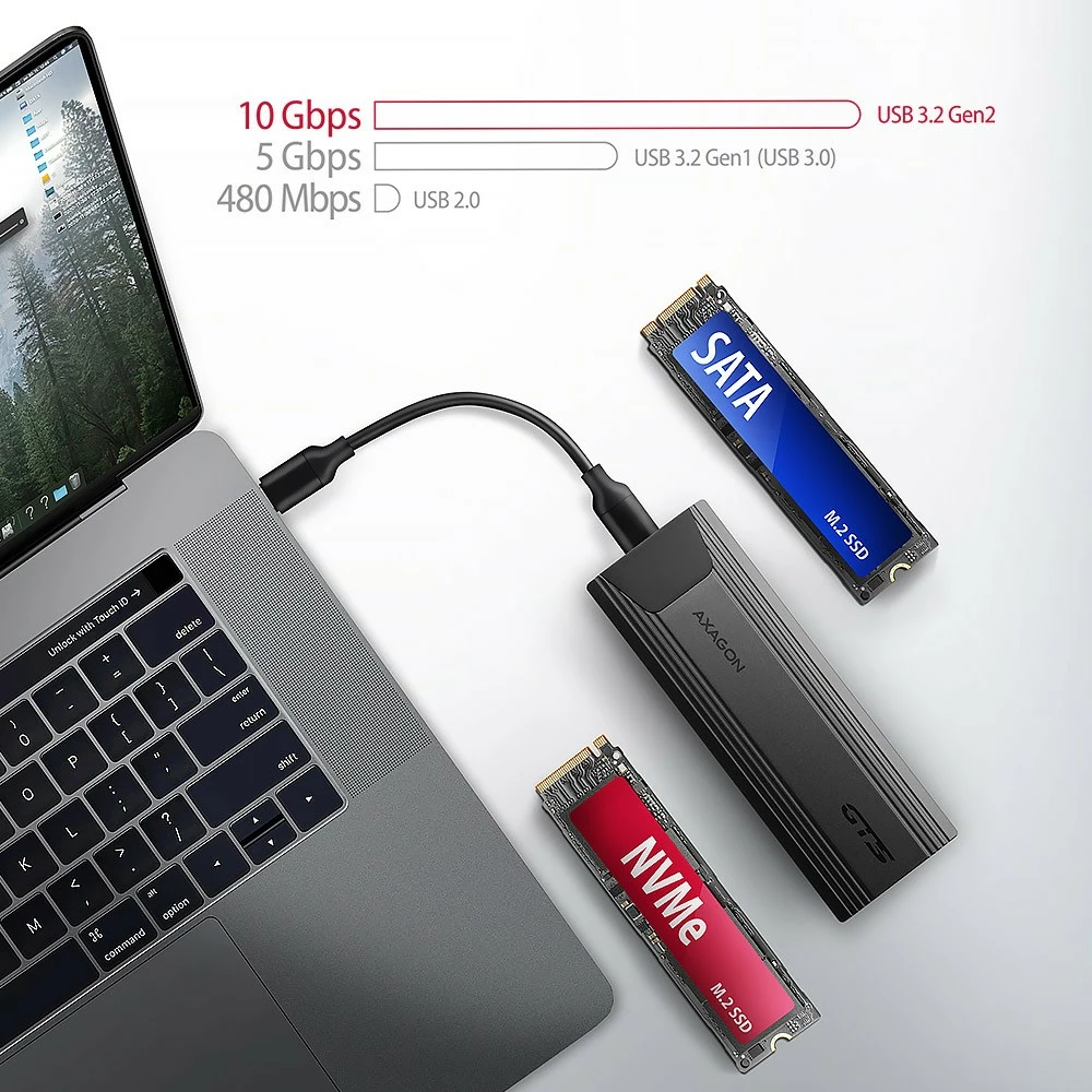 Kasë e jashtme AXAGON EEM2-GTS2 për SSD M.2 NVMe & SATA, USB-C 3.2 Gen 2, e zezë