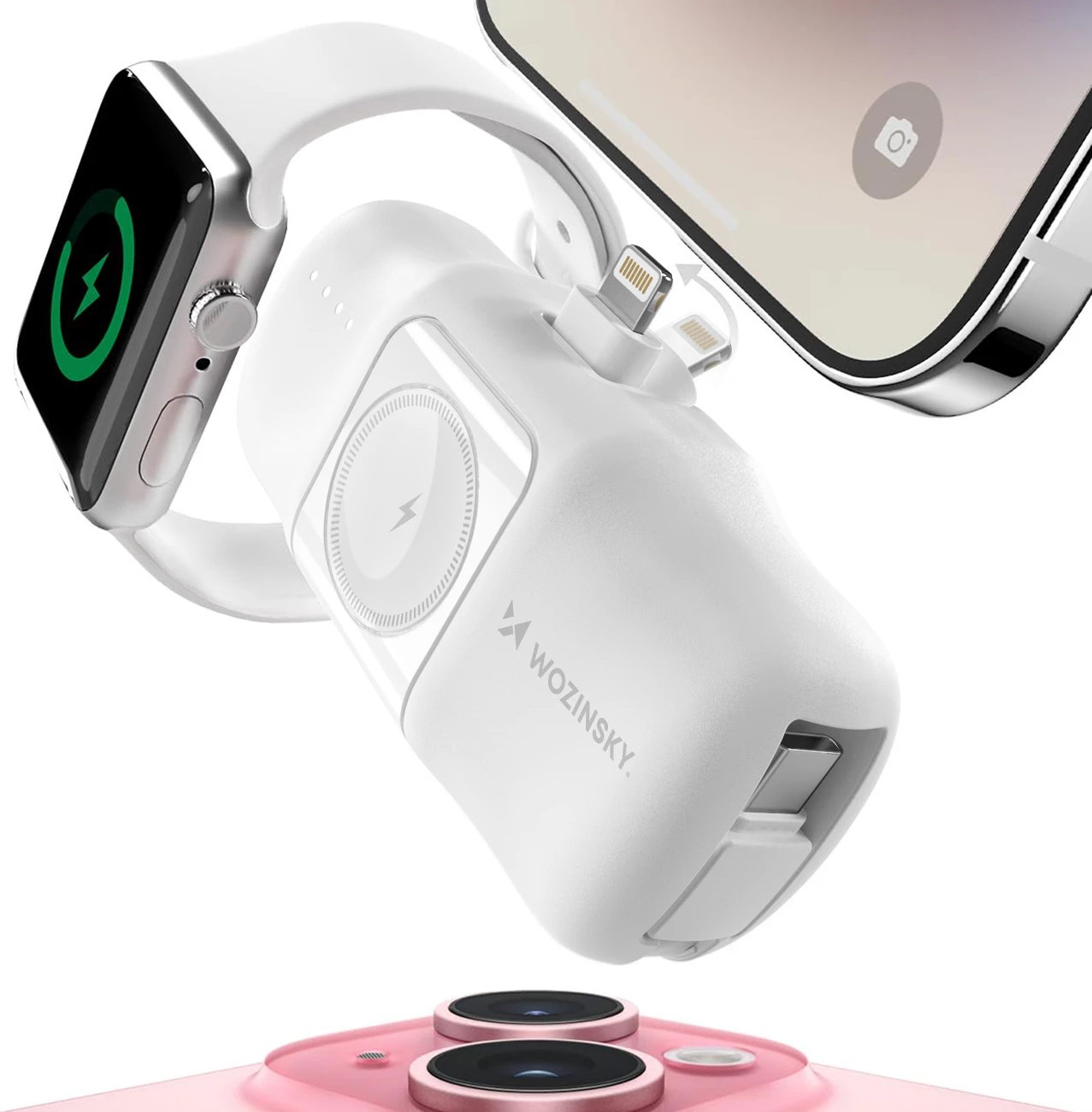 Powerbank Wozinsky WF16-YLS, 5000mAh, 15W, Lightning, USB-C, karikues për Apple Watch, Bardhë