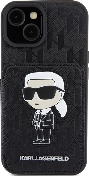Mbështjellës Karl Lagerfeld Saffiano Cardslots & Stand Monogram Ikonik Patch për iPhone 15, i zi
