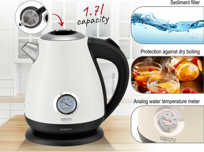 Çajnik elektrik CAMRY CR1344W 1.7L 2200W me termometër analog, i bardhë